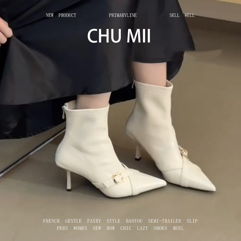 羊皮版~白色尖头细跟短靴