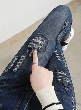 弹力烂洞显瘦小脚牛仔长裤女春秋款破洞nzk牛子裤 破铜牛仔裤女潮