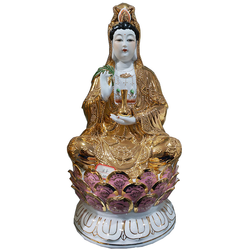 景德镇陶瓷坐莲观音菩萨佛像雕塑陶瓷粉彩风水摆件保平安