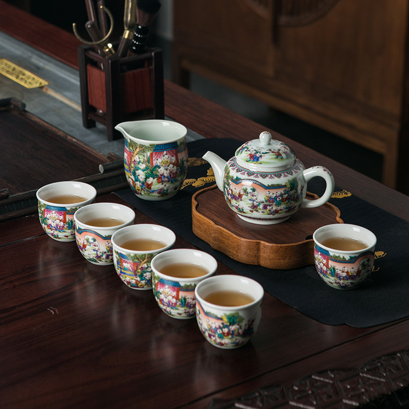 景德镇粉彩瓷百子图百子纳福功夫茶具套装陶瓷茶壶茶杯家用整套,餐饮具,功夫茶具,淘宝优惠券,粉丝福利购,淘宝优惠卷
