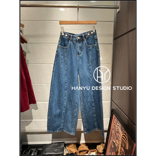 100%棉高腰阔腿牛仔裤女百搭