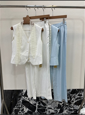 【韩钰DESIGN]26夏季新款V领蕾丝拼接单排扣白色马甲女