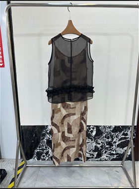 【韩钰DESIGN】26夏季新款时尚荷叶边印花黑色两件套连衣裙女