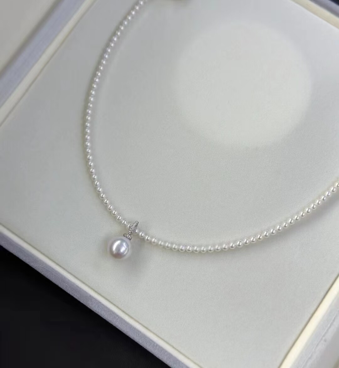 经典奶嘴可掰扣珍珠3-4mm小米珠套链诸暨真珍珠极光亮11-12mm吊坠