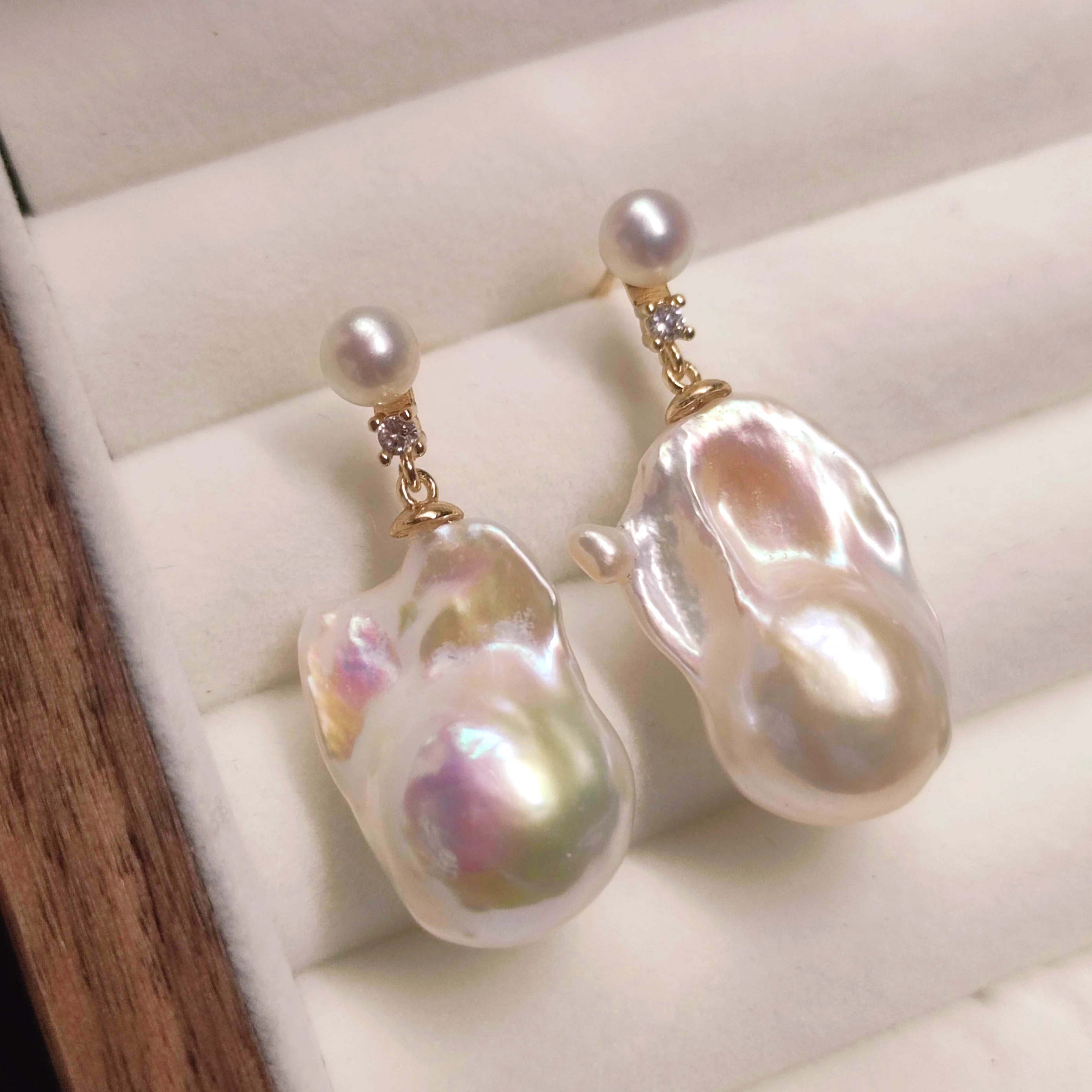 15-25mm大巴洛克珍珠炫彩虹光淡水珍珠鱼尾巴洛克耳环银针