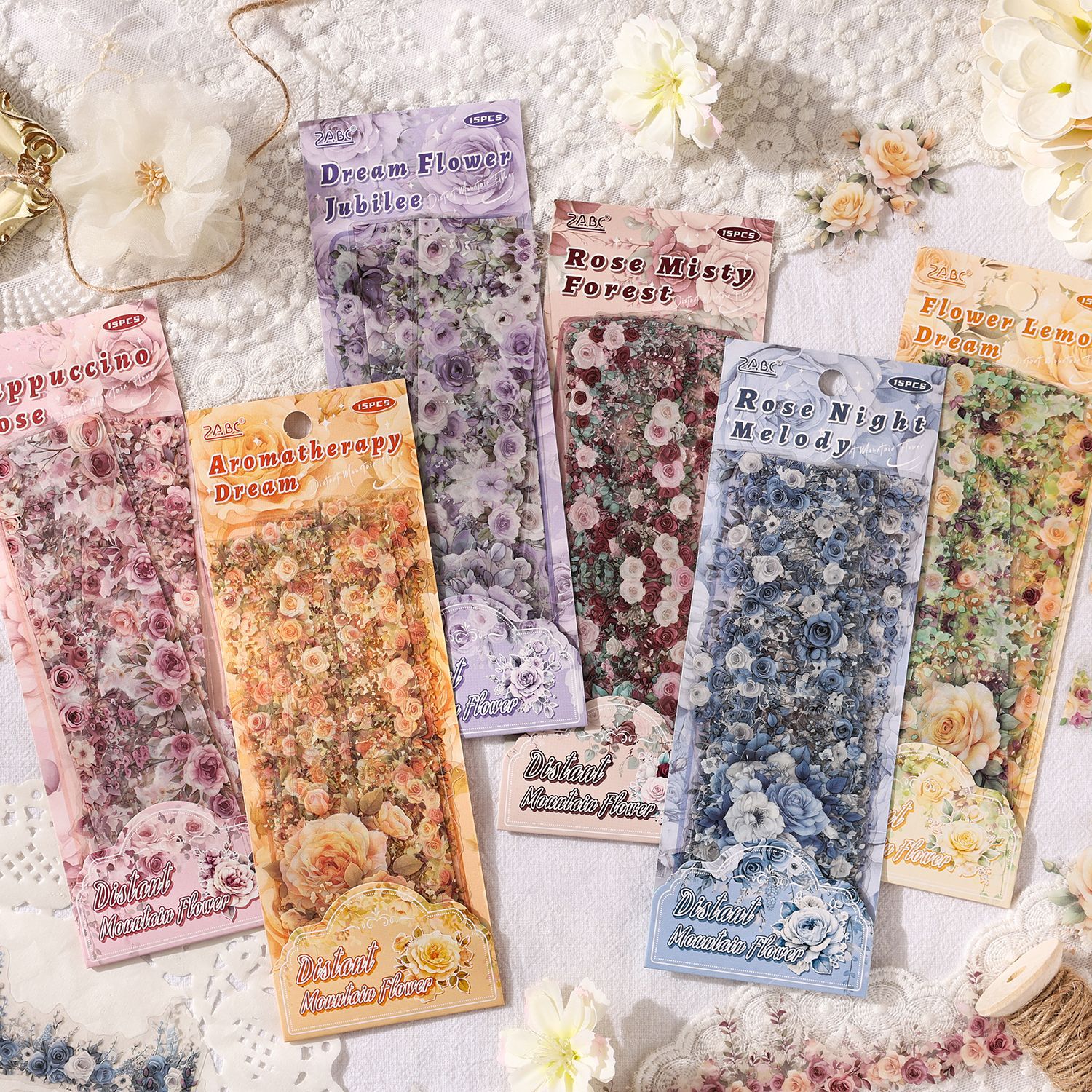 跨境ZABC模切PET贴纸包 远山花黛系列15张入植物花卉主题造景打底
