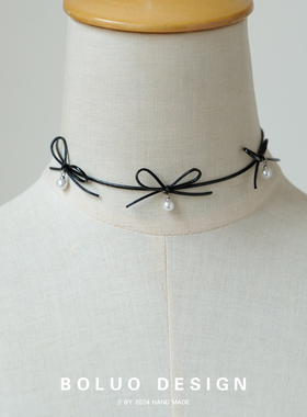 菠萝手作甜酷辣妹珍珠蝴蝶结项圈