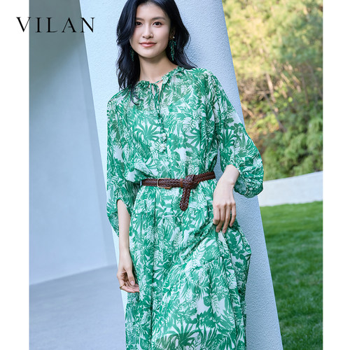 vilan 慧兰 2026 夏季度假连衣裙女植物印花宽松显瘦系带中长裙