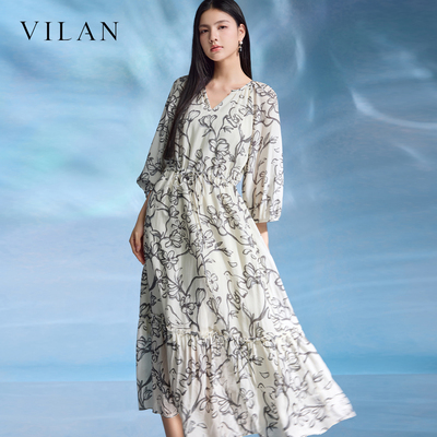 vilan慧兰2026新款印花 V 领连衣裙收腰显瘦七分袖温柔系通勤裙子