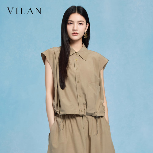 vilan 慧兰 2026 夏无袖衬衫女卡其色翻领抽绳收腰宽松休闲上衣