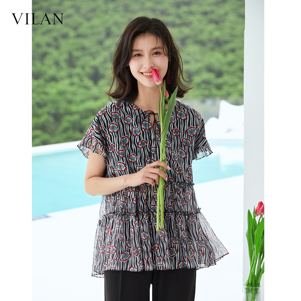 vilan/慧兰雪纺上衣女短袖遮肚子纱衣罩衫减龄气质碎花新款漂亮仙