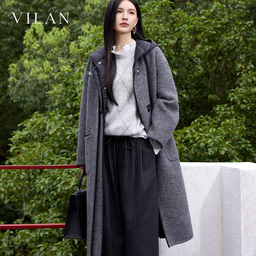 vilan 慧兰冬季新款连帽羊毛大衣女长款廓形撞色拼接加厚毛呢外套