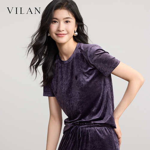 vilan慧兰紫色丝绒短袖上衣圆领基础款松弛感百搭纯色 T 恤女