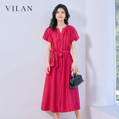 vilan 慧兰职场风连衣裙女夏 V 领泡泡袖收腰显瘦气质系带中长裙