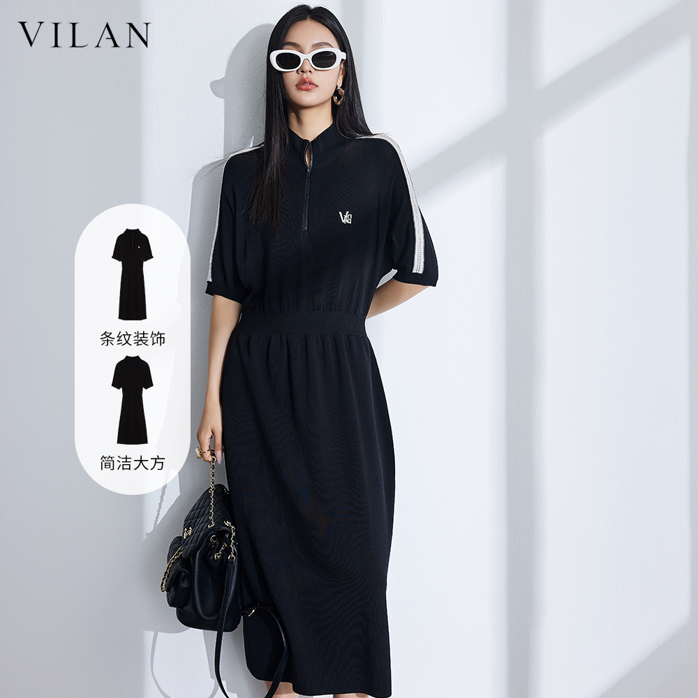 vilan/慧兰时尚休闲收腰连衣裙女2025新款气质黑色长款运动卫衣裙