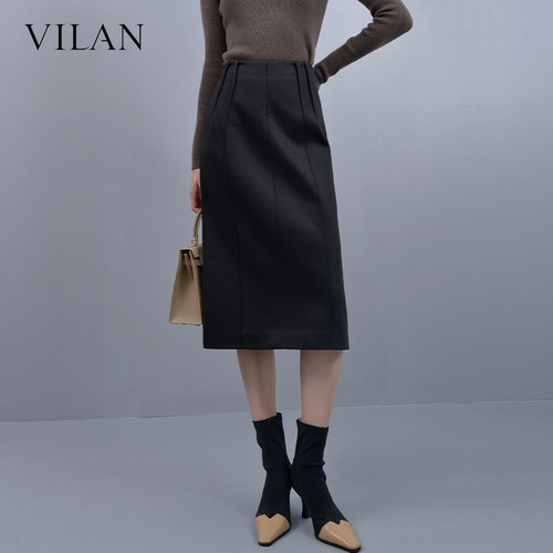 vilan高级感开衩直筒包臀裙