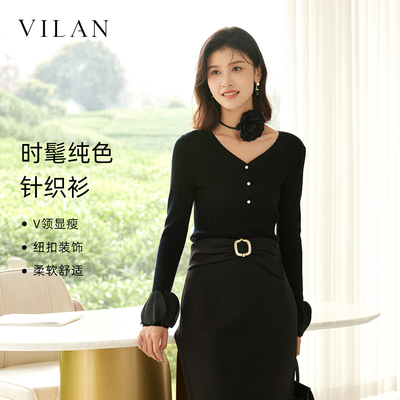 vilan/慧兰黑色v领针织羊毛衫女