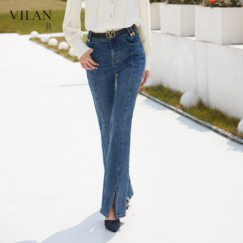 VILAN慧兰气质开叉高腰牛仔裤女