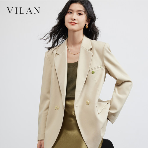 vilan慧兰卡其色西装外套女2026新款 高腰翻领通勤显瘦气质小西装