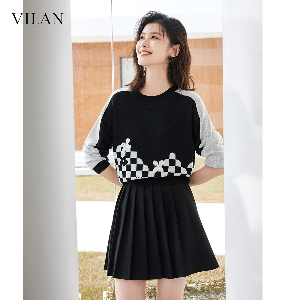 vilan/慧兰圆领毛衣女早秋宽松针织衫拼接羊毛长袖设计感格子上衣