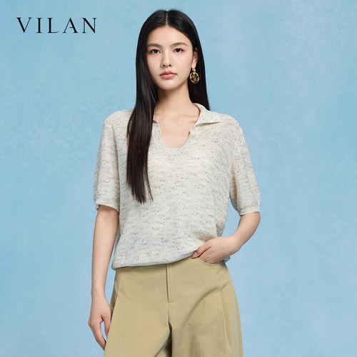 vilan 慧兰2026 夏季新款Polo领针织衫女短袖薄款亮片温柔风上衣