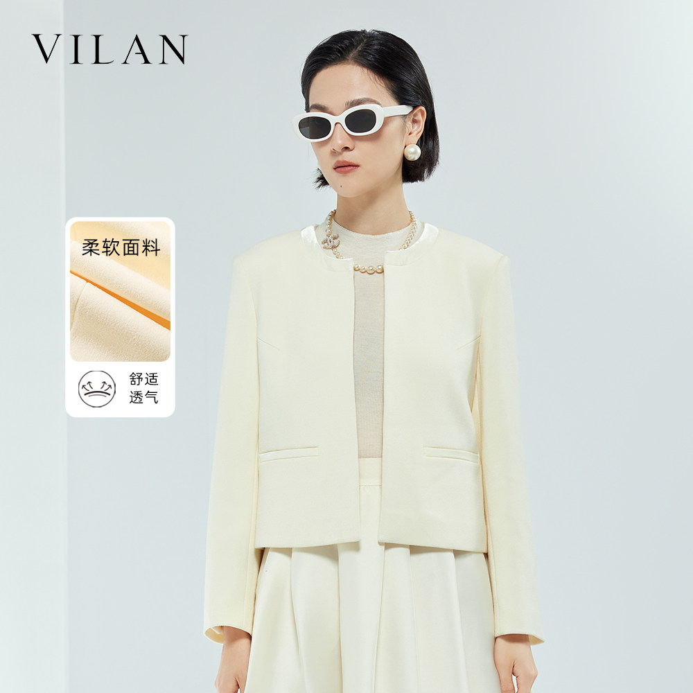 vilan/慧兰轻奢小香风醋酸短外套女装2025秋季新款时尚圆领小西服