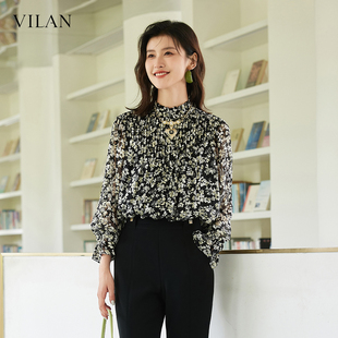 vilan/慧兰法式真丝衬衫女复古长袖衬衣秋季新款洋气桑蚕丝上衣服