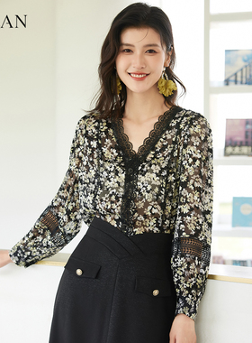 vilan/慧兰轻奢法式小碎花真丝衬衫减龄V领上衣女新款桑蚕丝衬衣