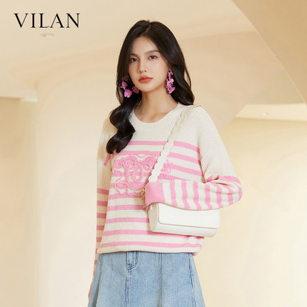 vilan/慧兰毛衣女圆领针织衫春秋新款内搭上衣宽松打底衫外套