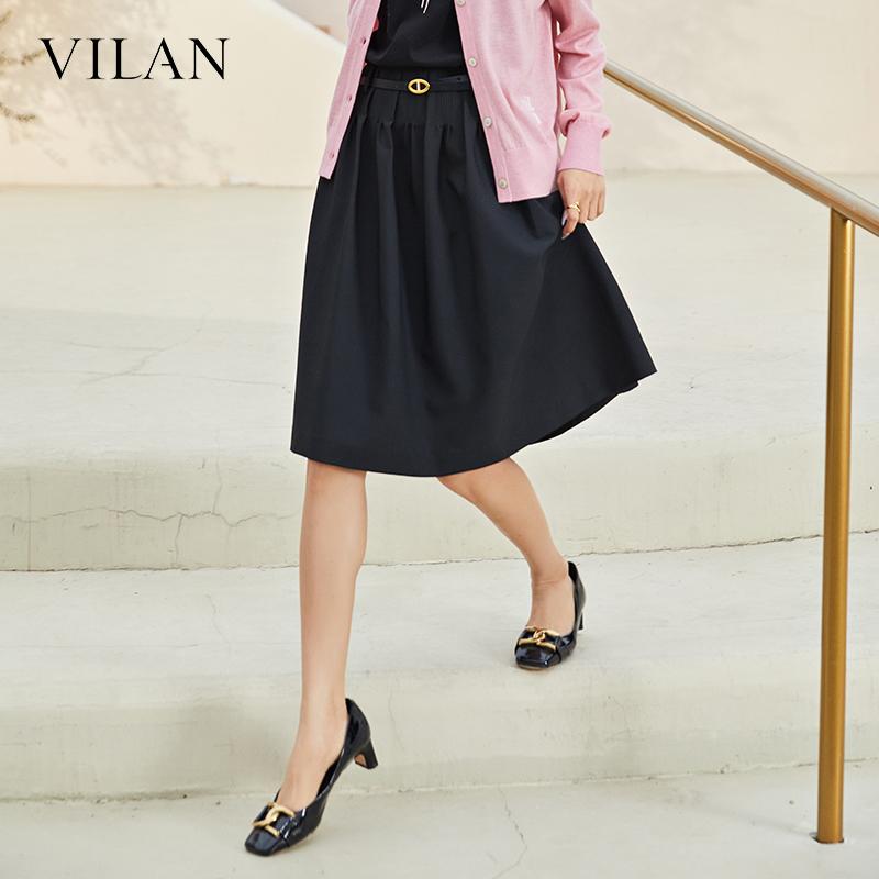 vilan/慧兰小个子半身裙女高腰显瘦裙子秋季新款中长款A字裙