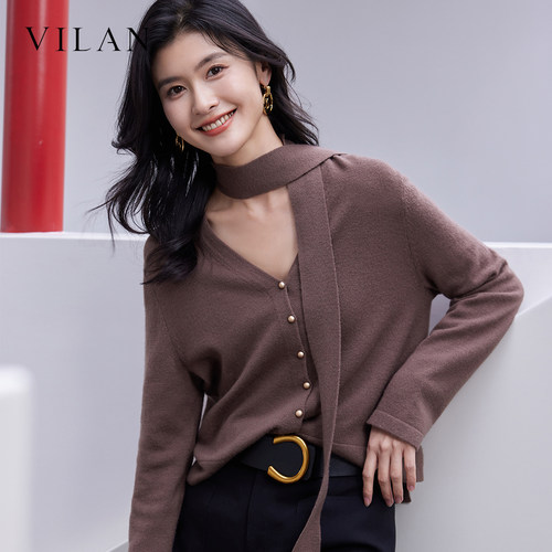 Vilan慧兰2026春新款针织衫女V领设计感小众软糯显瘦通勤长袖上衣