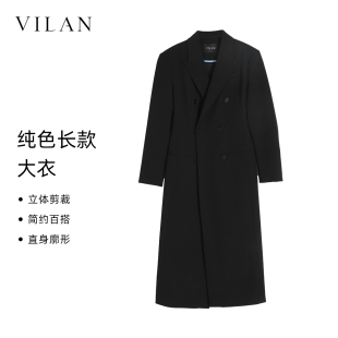 vilan/慧兰黑色时髦过膝长款大衣女款2025新款宽松高个子冬天外套