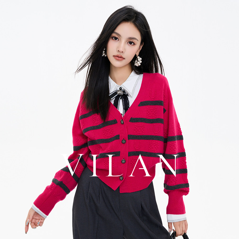 vilan/慧兰针织开衫女2025冬季新款通勤V领显瘦条纹长袖针织外套,女装/女士精品,毛针织衫,淘宝优惠券,粉丝福利购,淘宝优惠卷