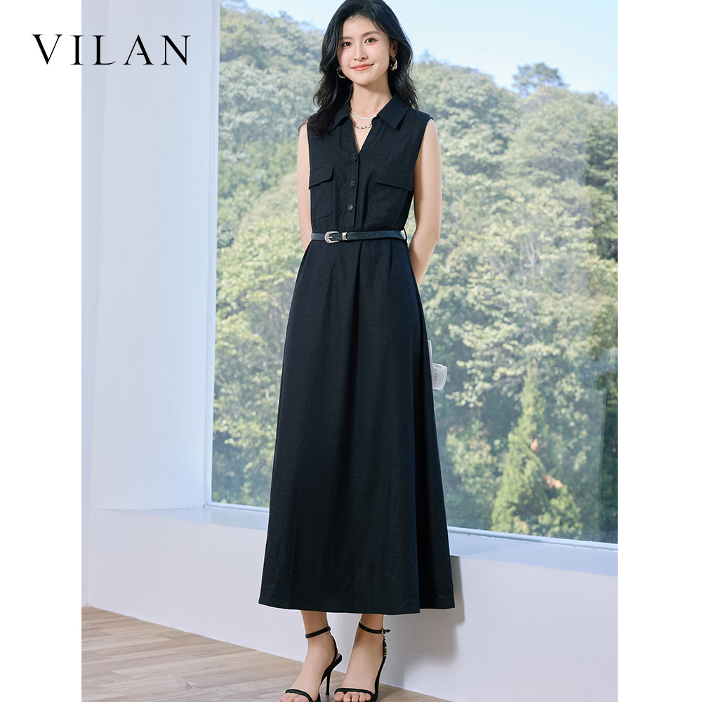 vilan 慧兰连衣裙女夏新款衬衫领无袖收腰显瘦气质通勤中长裙