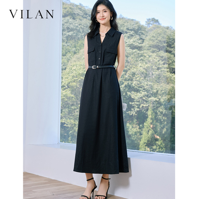 vilan 慧兰连衣裙女夏新款衬衫领无袖收腰显瘦气质通勤中长裙