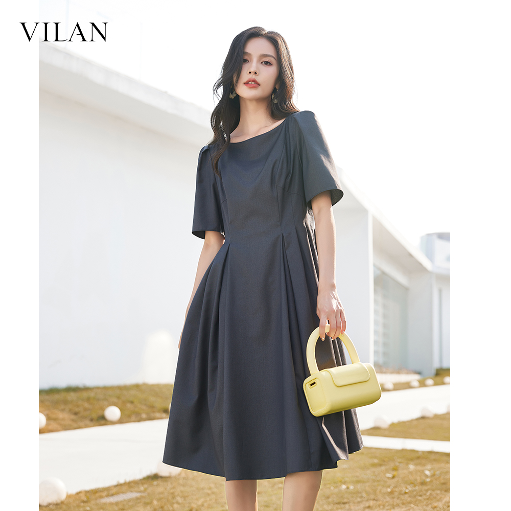 vilan/慧兰法式连衣裙女小个子年秋季新款修身显瘦短袖中长裙