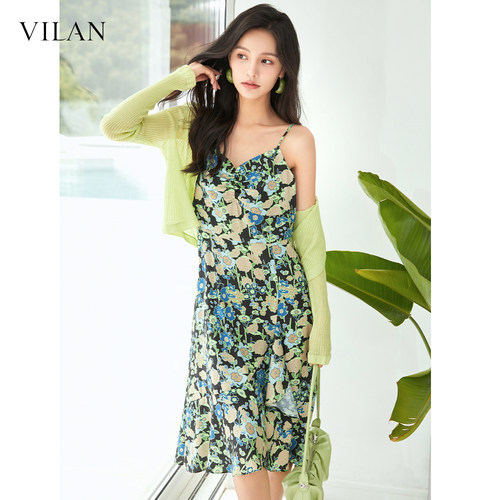 vilan/慧兰碎花吊带连衣裙