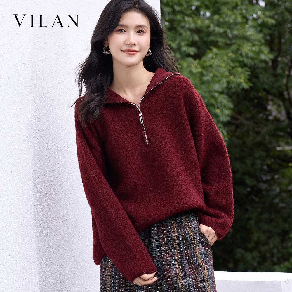 vilan半拉链立领针织上衣女2026冬季新款宽松慵懒风套头毛衣