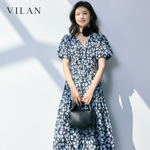 vilan 慧兰 2026新款碎花连衣裙女 V 领泡泡袖收腰显瘦气质中长裙