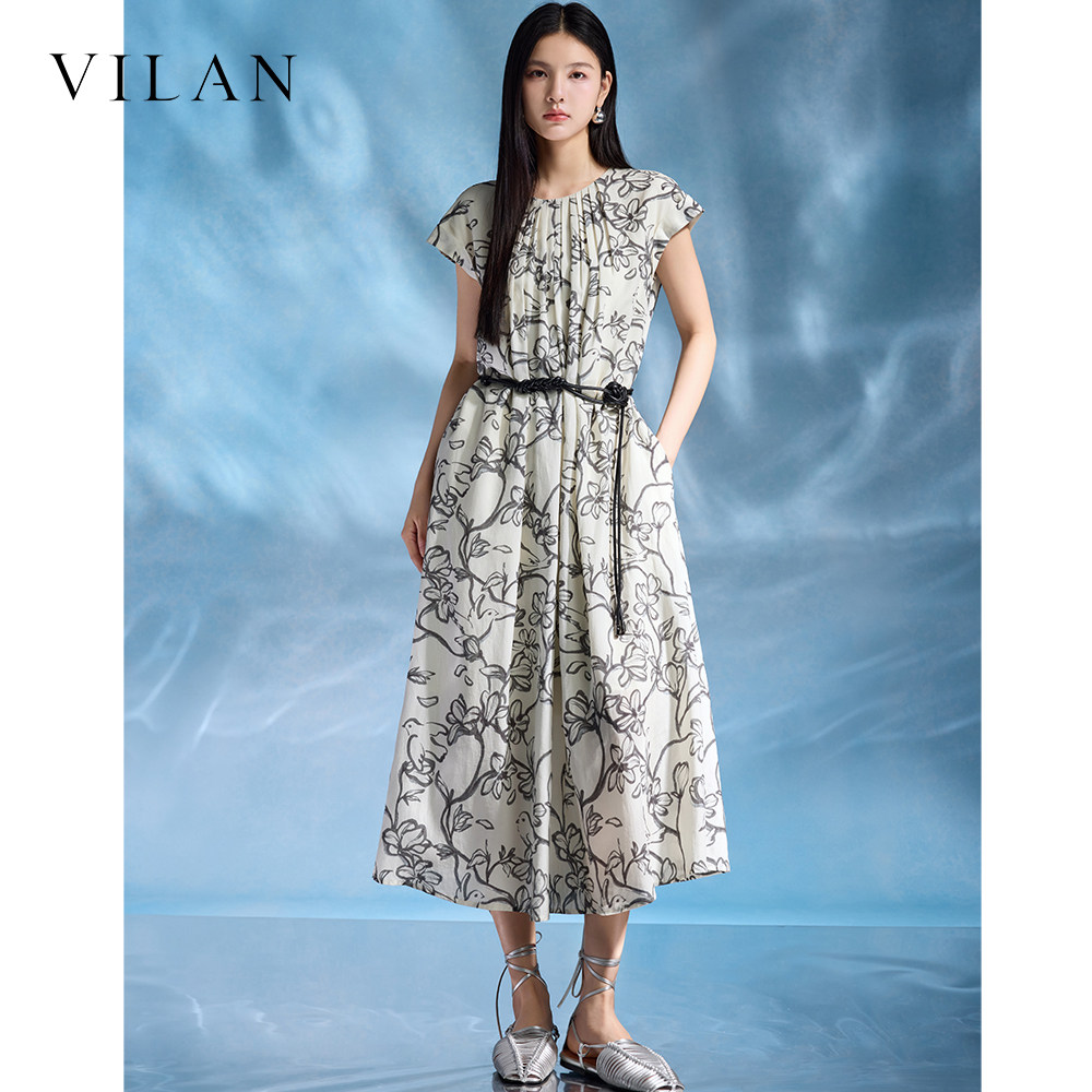 vilan 慧兰连衣裙女夏新款圆领盖肩袖收腰显瘦气质印花长裙