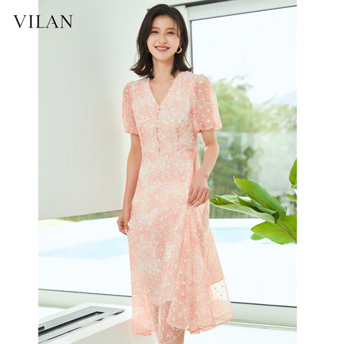 vilan/慧兰雪纺法式碎花连衣裙