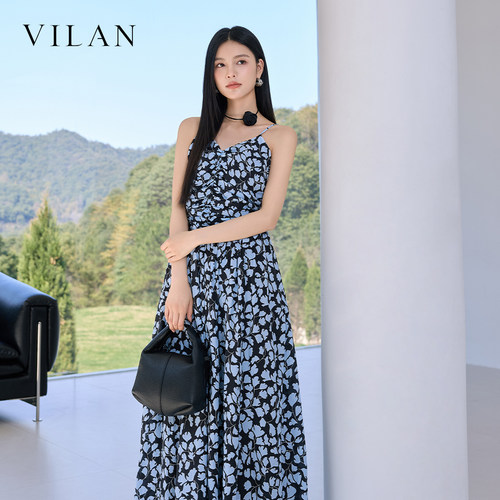 vilan慧兰2026夏季新款女碎花吊带连衣裙 V 领收腰显瘦 A 字长裙
