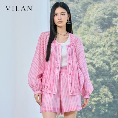 vilan 慧兰 2026 夏粉白条纹外套女抽绳收腰宽松灯笼袖休闲上衣