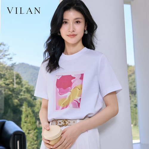 vilan 慧兰白色印花T恤女2026夏新款宽松显瘦设计感小众短袖上衣