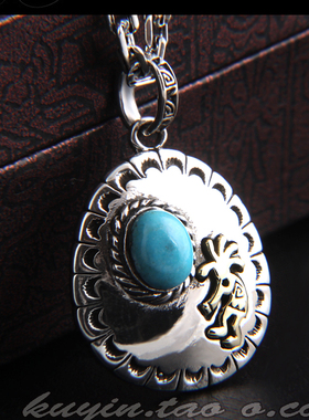 纯银项链坠泰国复古镶嵌绿松石