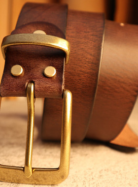 男士皮带简约黄铜针扣美式皮带百搭休闲头层牛皮腰带复古中年裤带