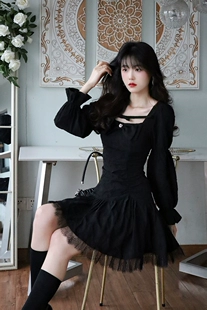 新款 复古方领黑色短裙长袖 Blovelan微甜黑巧 连衣裙女2023年春季
