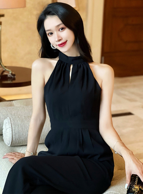 高端雪纺连体裤女夏2026新款气质黑色性感显瘦挂脖连衣裤女阔腿裤