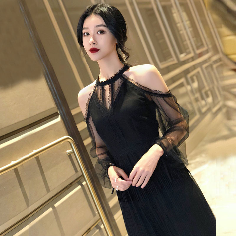 宴会生日派对中长款晚礼服女新款黑色长袖性感透视露肩百褶蕾丝裙