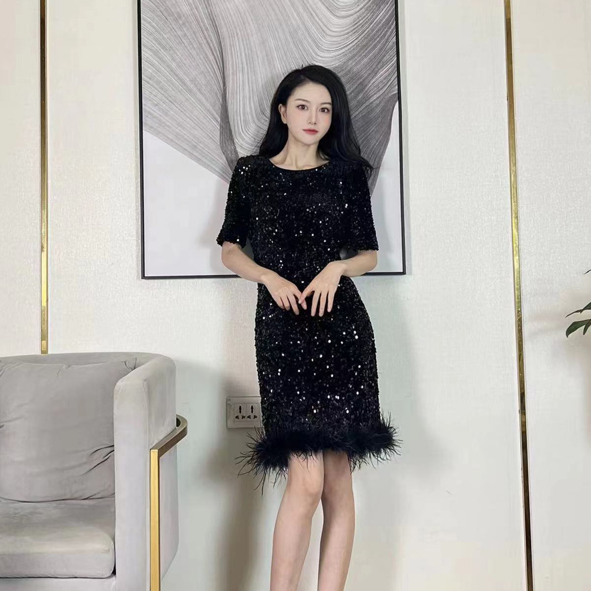 轻奢黑色名媛亮片羽毛连衣裙